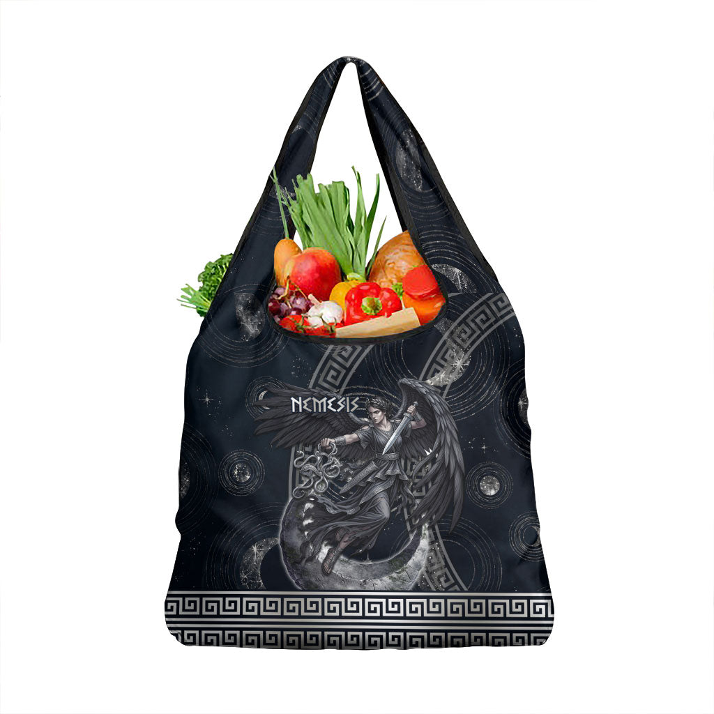 Nemesis Goddess Grocery Bag Winged Nemesis Crescent Moon Sword Greek Key