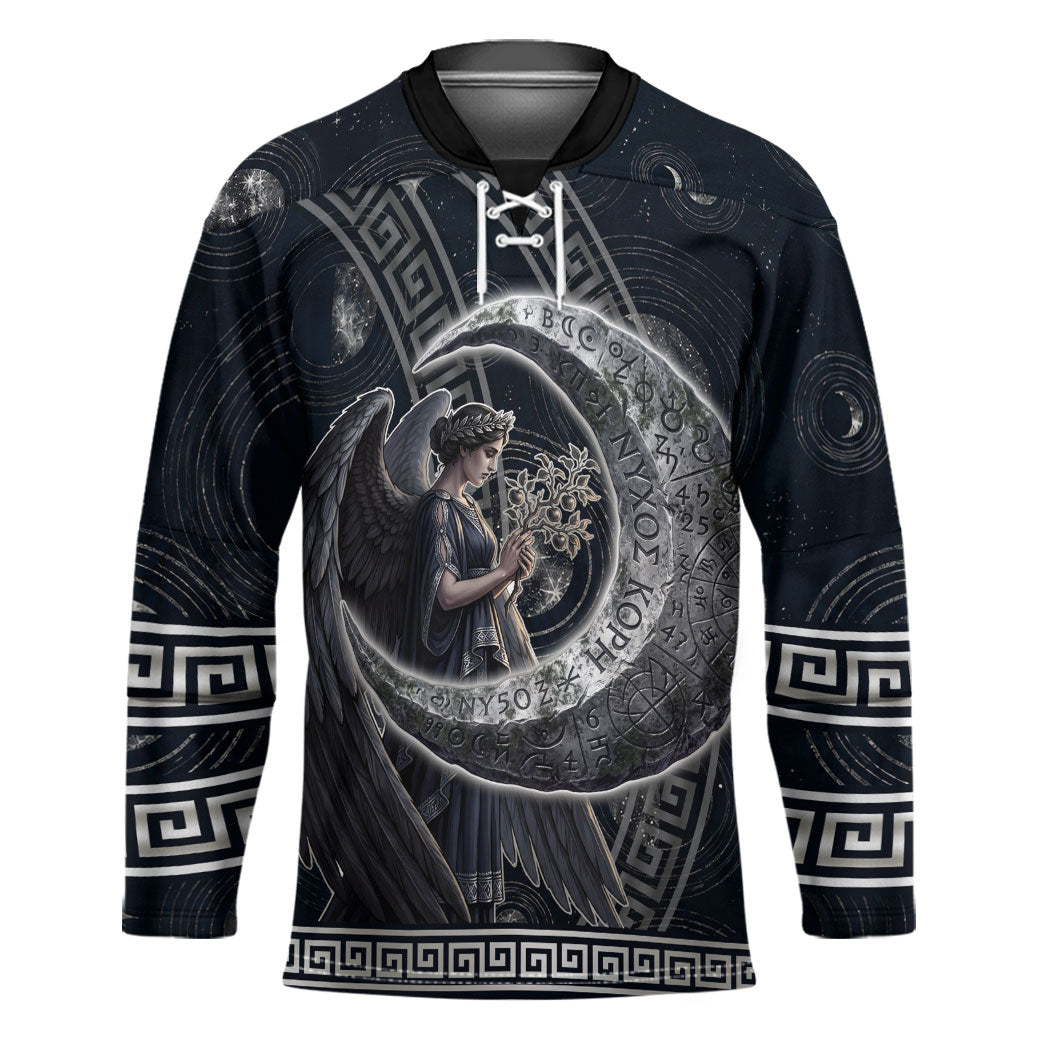 Nemesis Goddess Hockey Jersey Winged Nemesis Crescent Moon Sword Greek Key