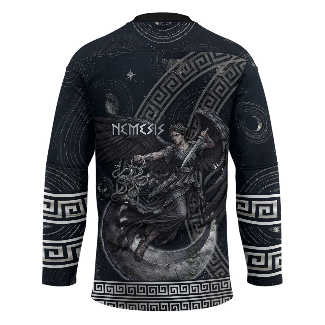 Nemesis Goddess Hockey Jersey Winged Nemesis Crescent Moon Sword Greek Key