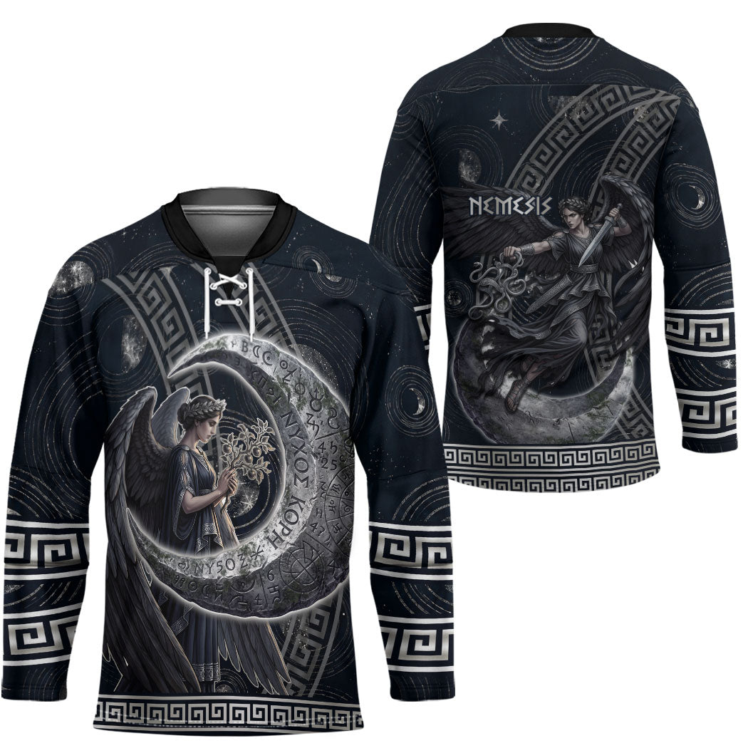 Nemesis Goddess Hockey Jersey Winged Nemesis Crescent Moon Sword Greek Key