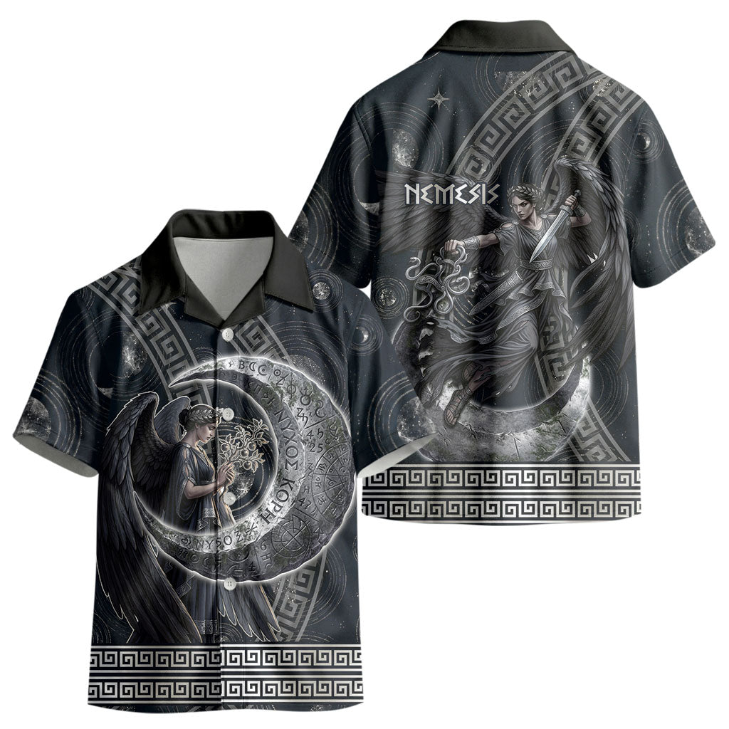 Nemesis Goddess Kid Hawaiian Shirt Winged Nemesis Crescent Moon Sword Greek Key