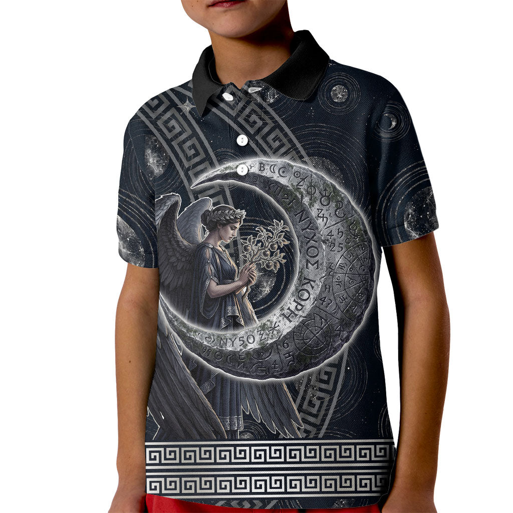 Nemesis Goddess Kid Polo Shirt Winged Nemesis Crescent Moon Sword Greek Key