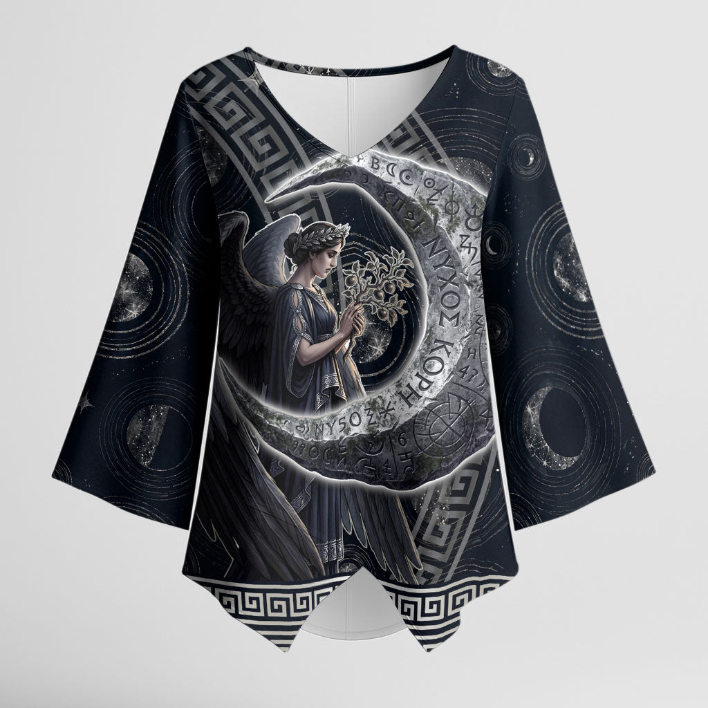 Nemesis Goddess Kimono Sleeve Blouse Winged Nemesis Crescent Moon Sword Greek Key