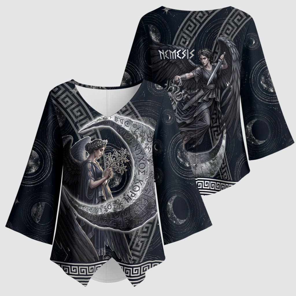 Nemesis Goddess Kimono Sleeve Blouse Winged Nemesis Crescent Moon Sword Greek Key