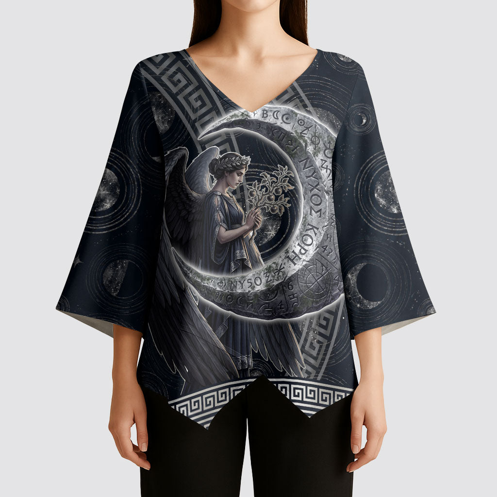 Nemesis Goddess Kimono Sleeve Blouse Winged Nemesis Crescent Moon Sword Greek Key