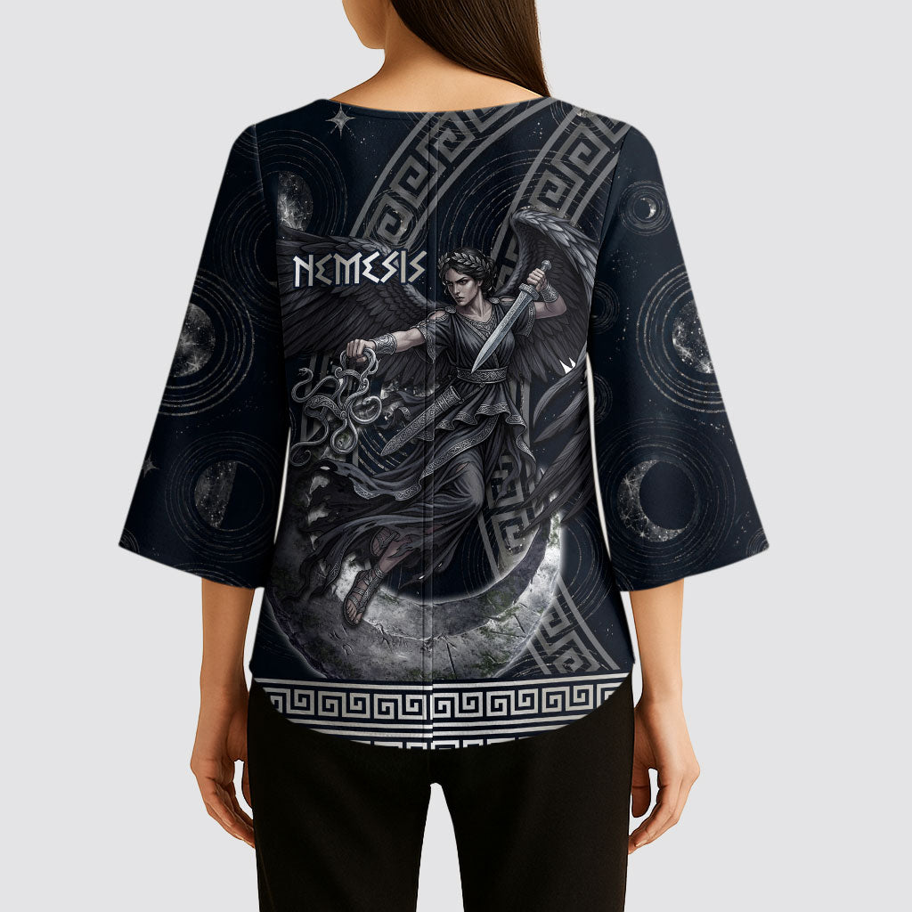 Nemesis Goddess Kimono Sleeve Blouse Winged Nemesis Crescent Moon Sword Greek Key
