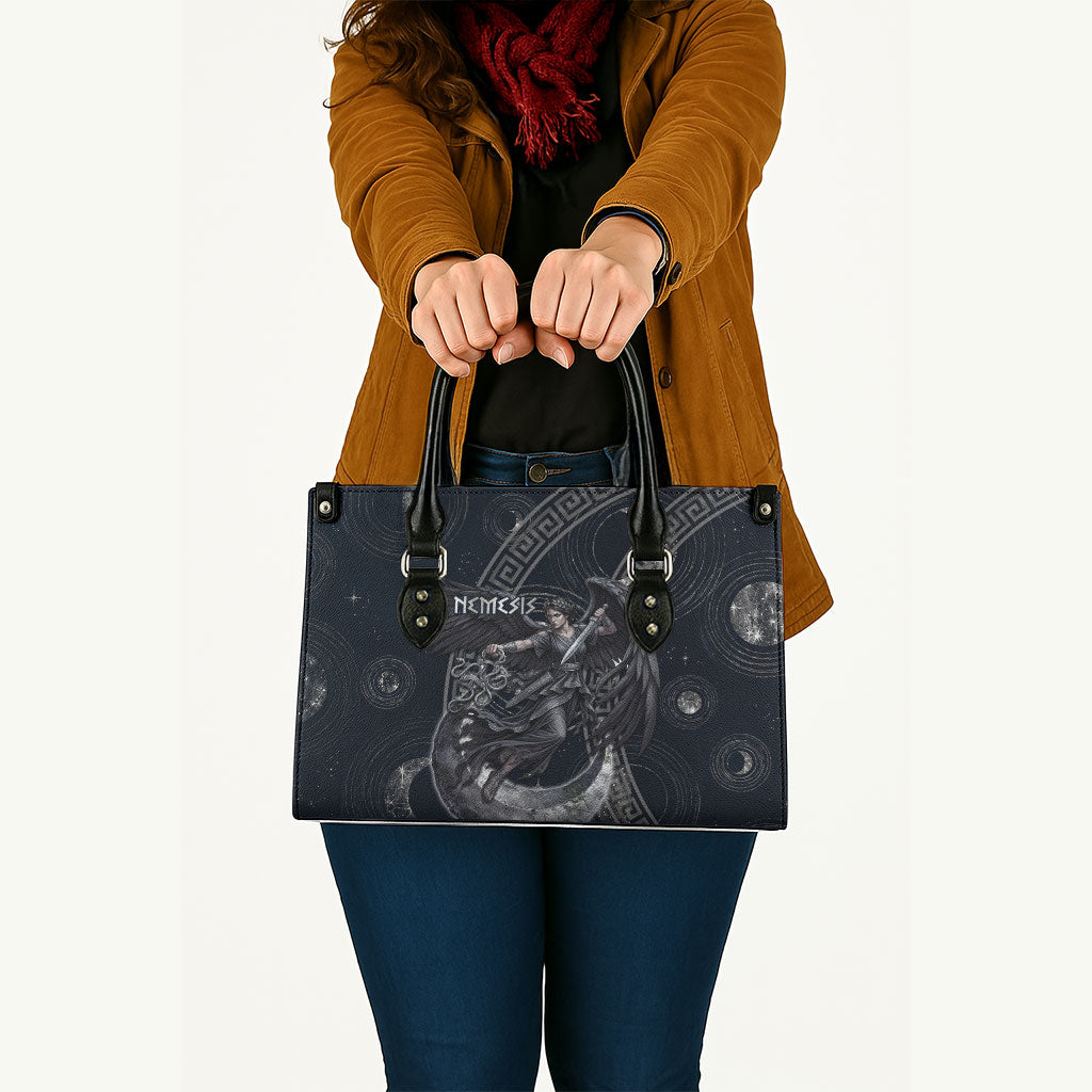 Nemesis Goddess Leather Bag Winged Nemesis Crescent Moon Sword Greek Key