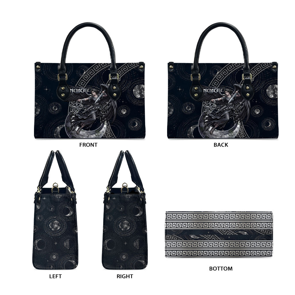 Nemesis Goddess Leather Bag Winged Nemesis Crescent Moon Sword Greek Key