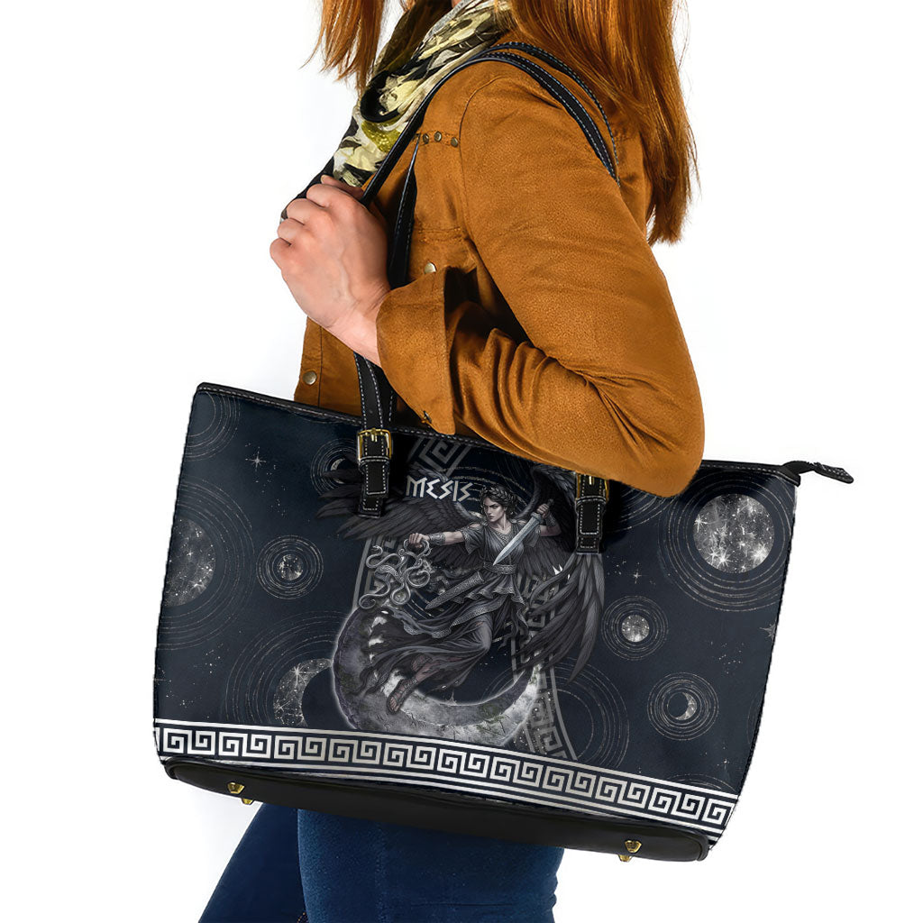 Nemesis Goddess Leather Tote Bag Winged Nemesis Crescent Moon Sword Greek Key
