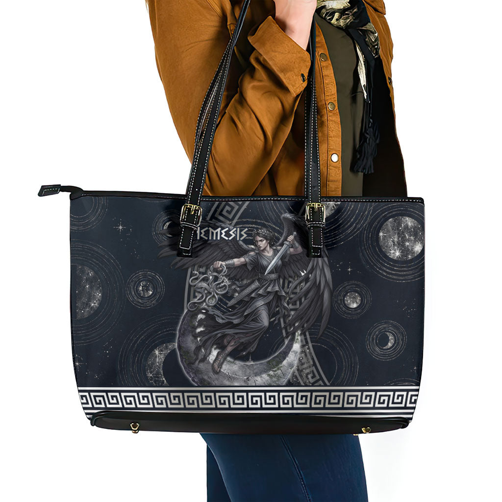 Nemesis Goddess Leather Tote Bag Winged Nemesis Crescent Moon Sword Greek Key
