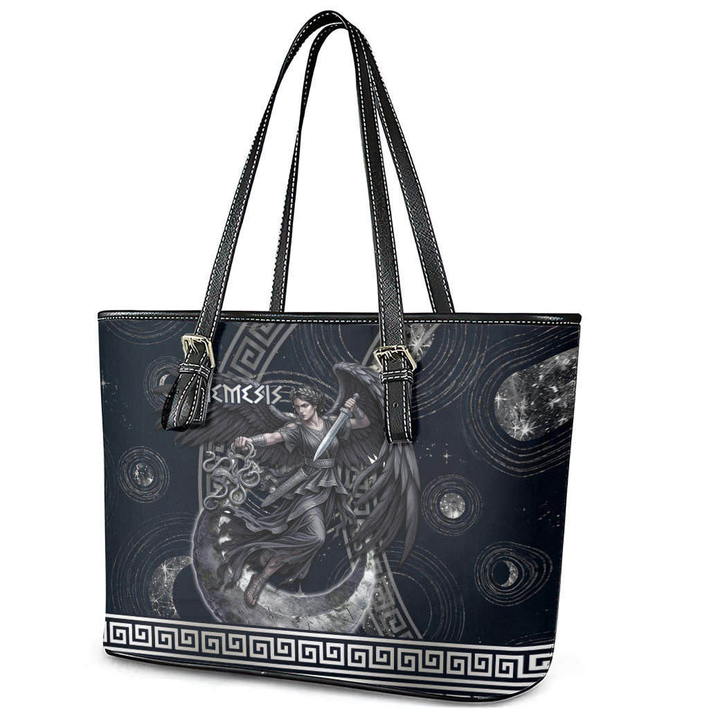 Nemesis Goddess Leather Tote Bag Winged Nemesis Crescent Moon Sword Greek Key