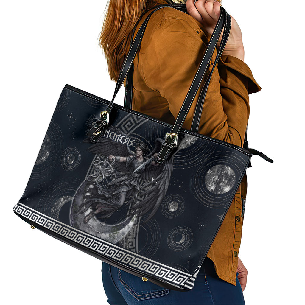 Nemesis Goddess Leather Tote Bag Winged Nemesis Crescent Moon Sword Greek Key