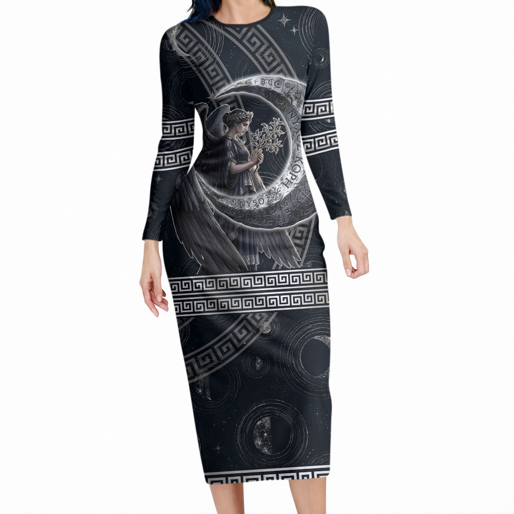 Nemesis Goddess Long Sleeve Bodycon Dress Winged Nemesis Crescent Moon Sword Greek Key