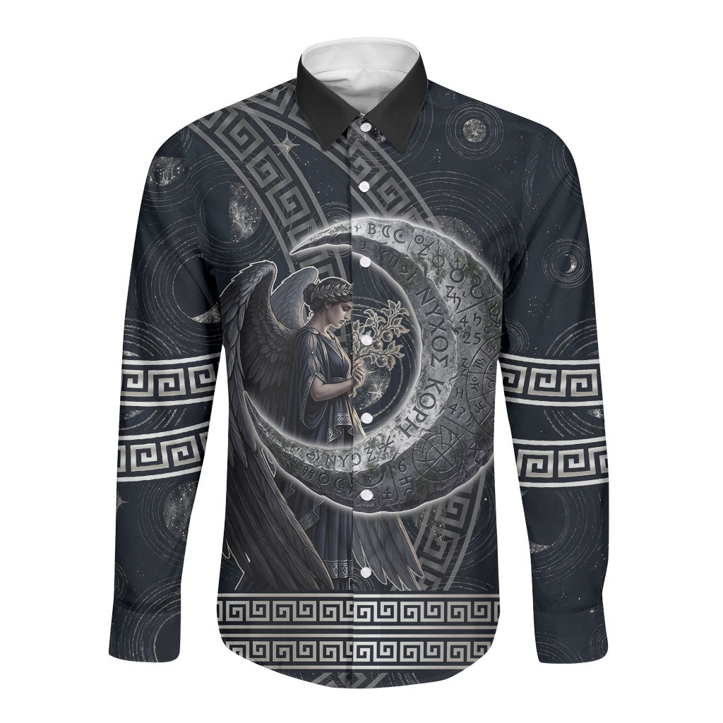 Nemesis Goddess Long Sleeve Button Shirt Winged Nemesis Crescent Moon Sword Greek Key