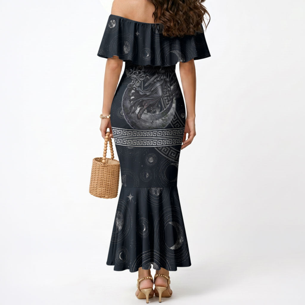 Nemesis Goddess Mermaid Dress Winged Nemesis Crescent Moon Sword Greek Key