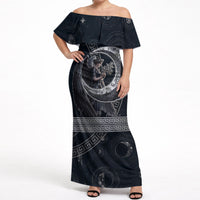 Nemesis Goddess Off Shoulder Maxi Dress Winged Nemesis Crescent Moon Sword Greek Key