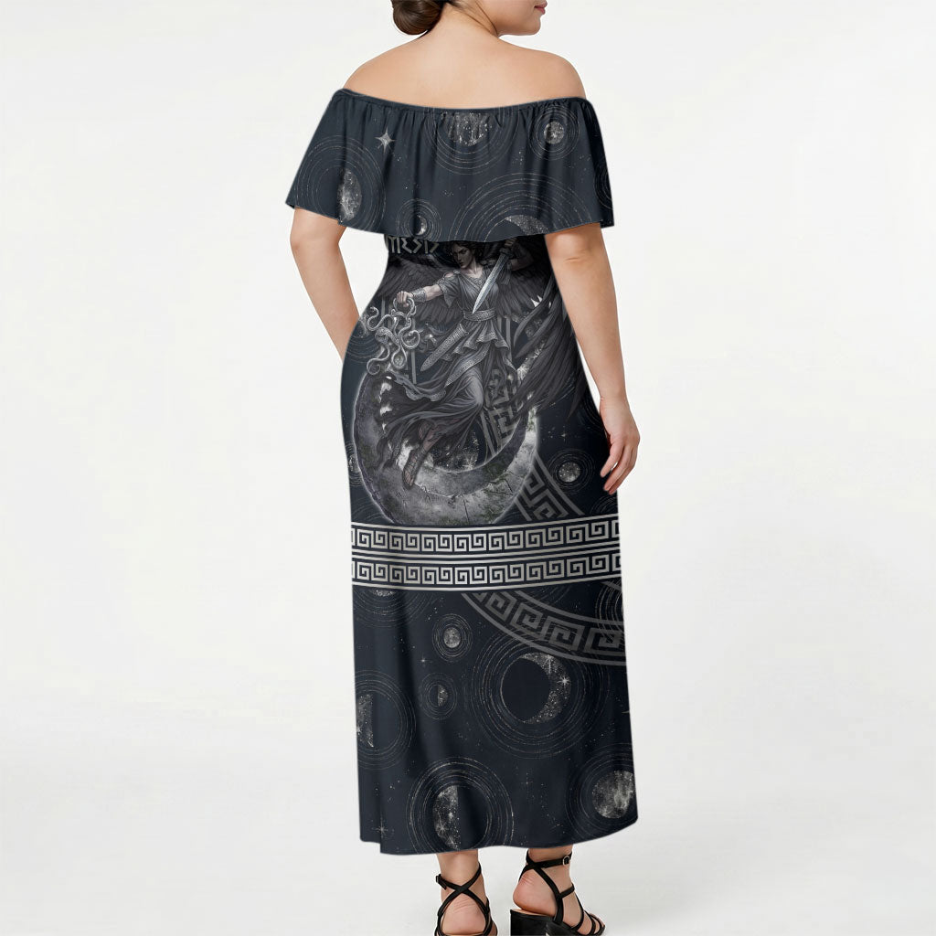 Nemesis Goddess Off Shoulder Maxi Dress Winged Nemesis Crescent Moon Sword Greek Key
