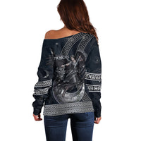 Nemesis Goddess Off Shoulder Sweater Winged Nemesis Crescent Moon Sword Greek Key