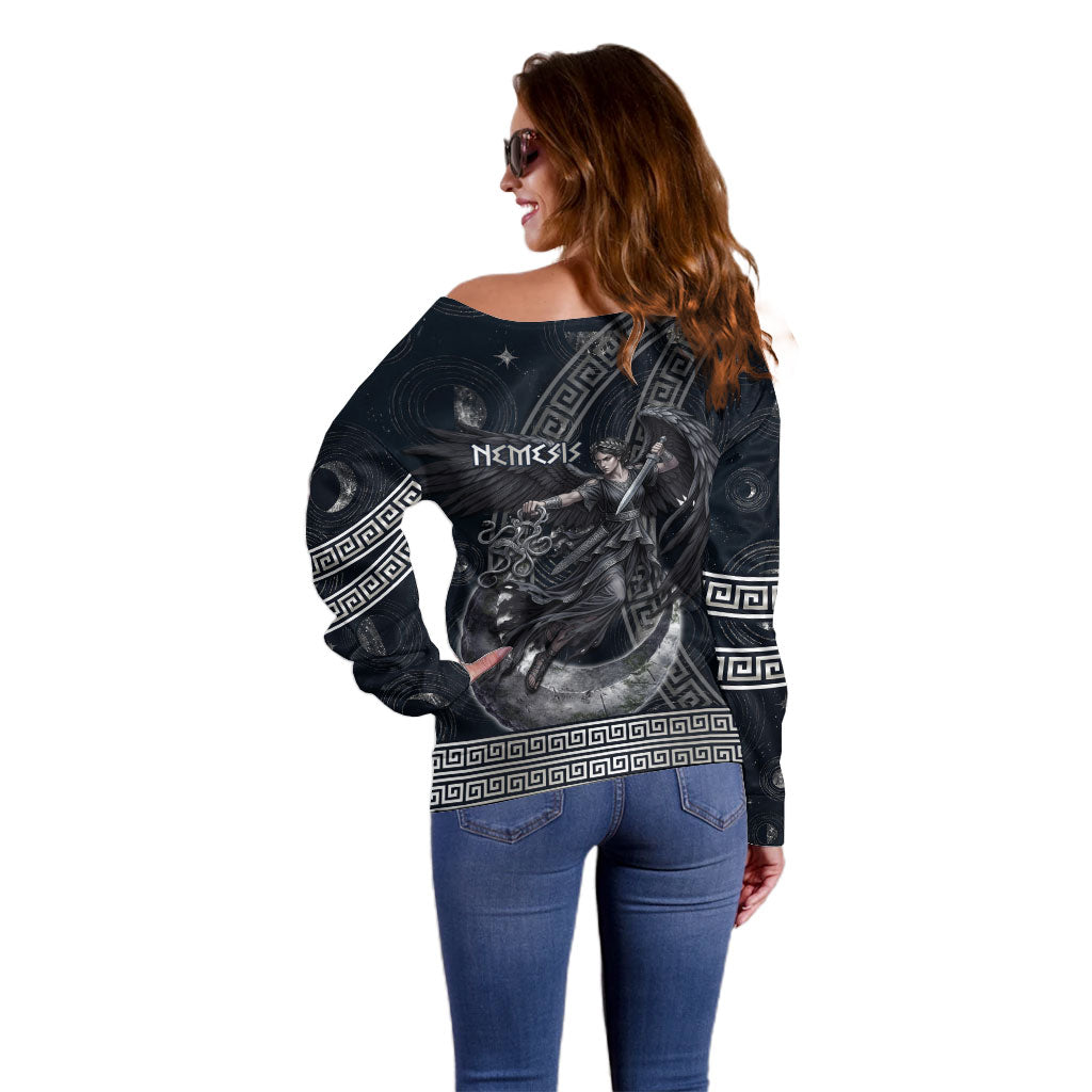 Nemesis Goddess Off Shoulder Sweater Winged Nemesis Crescent Moon Sword Greek Key