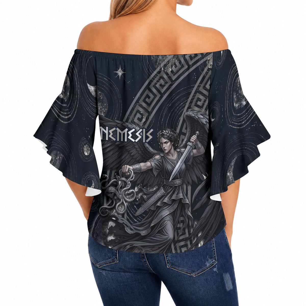 Nemesis Goddess Off Shoulder Wrap Waist Top Winged Nemesis Crescent Moon Sword Greek Key