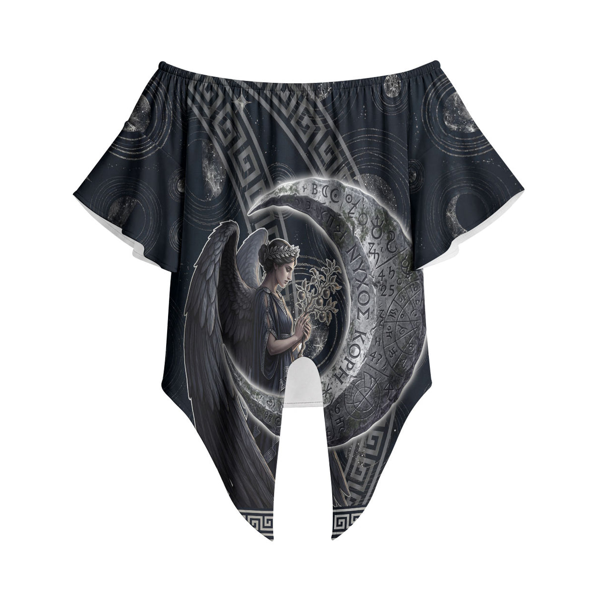 Nemesis Goddess Off Shoulder Wrap Waist Top Winged Nemesis Crescent Moon Sword Greek Key