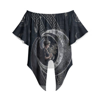 Nemesis Goddess Off Shoulder Wrap Waist Top Winged Nemesis Crescent Moon Sword Greek Key