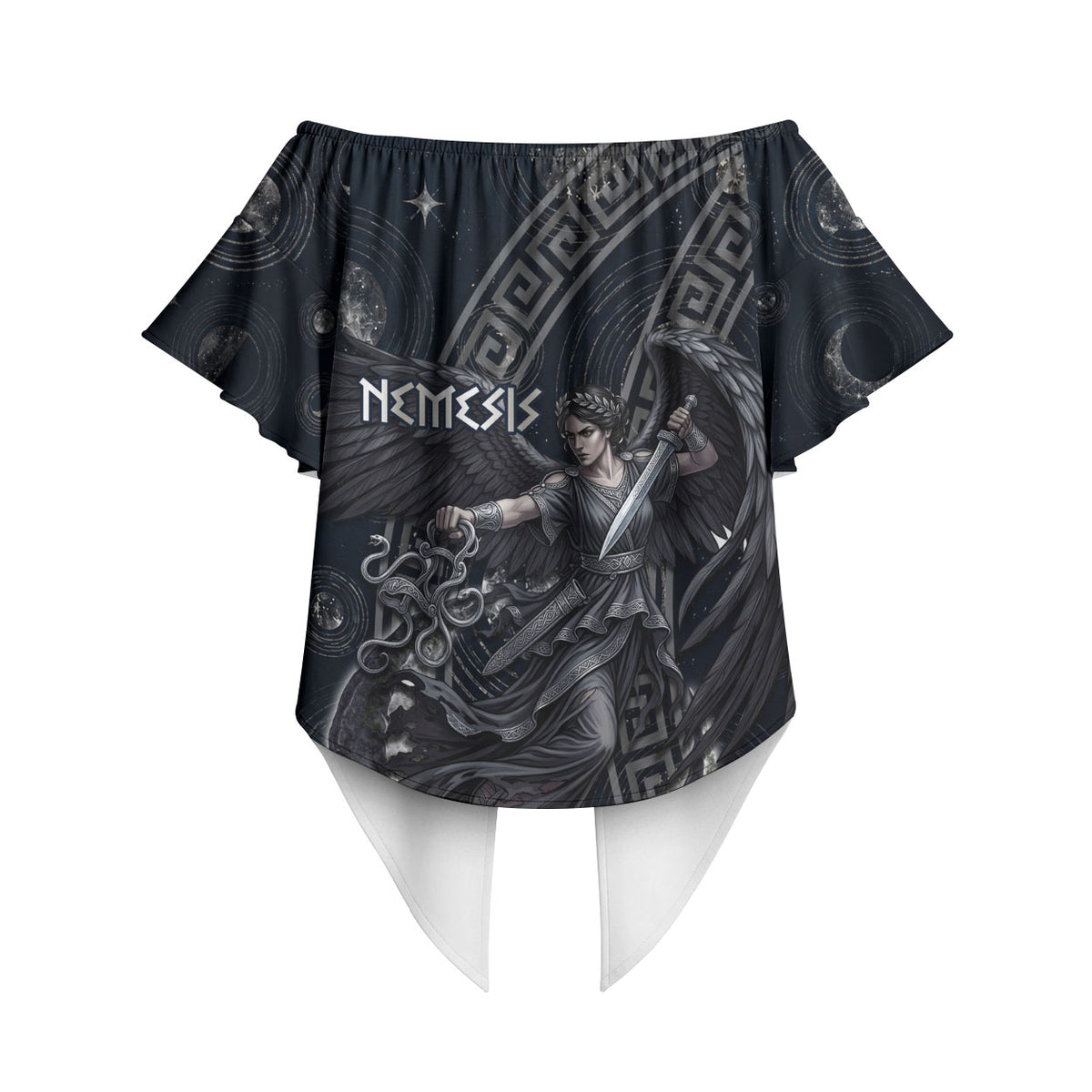 Nemesis Goddess Off Shoulder Wrap Waist Top Winged Nemesis Crescent Moon Sword Greek Key