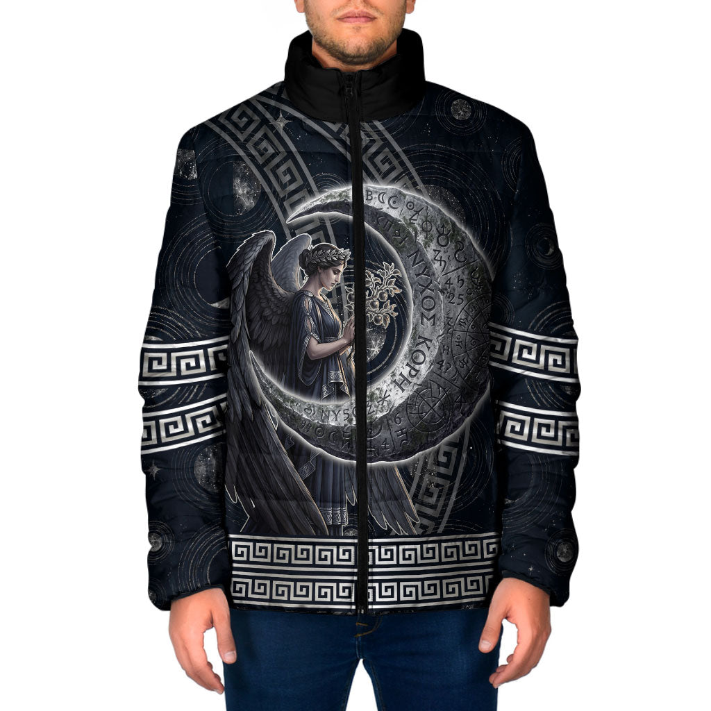 Nemesis Goddess Padded Jacket Winged Nemesis Crescent Moon Sword Greek Key