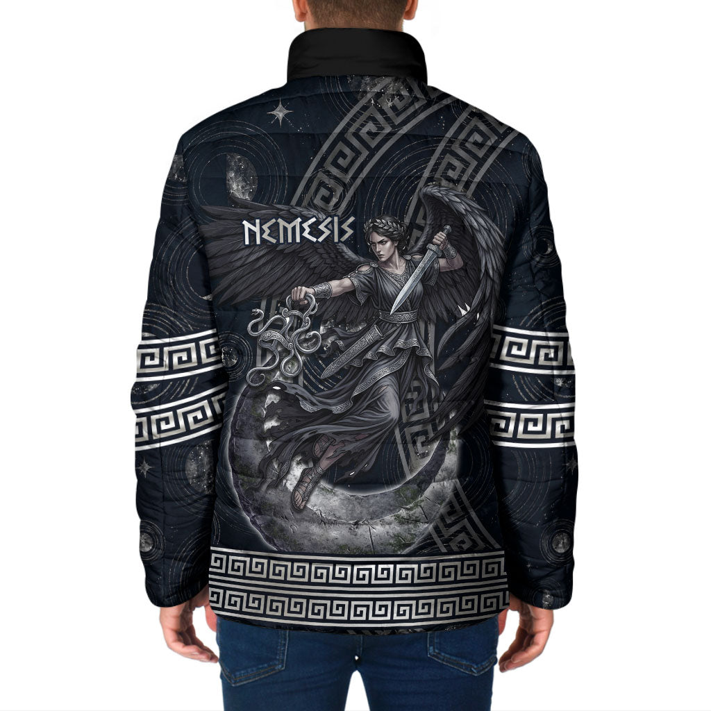 Nemesis Goddess Padded Jacket Winged Nemesis Crescent Moon Sword Greek Key