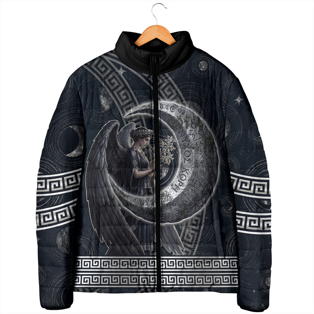 Nemesis Goddess Padded Jacket Winged Nemesis Crescent Moon Sword Greek Key