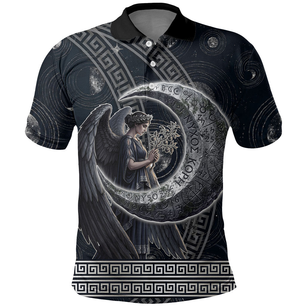 Nemesis Goddess Polo Shirt Winged Nemesis Crescent Moon Sword Greek Key