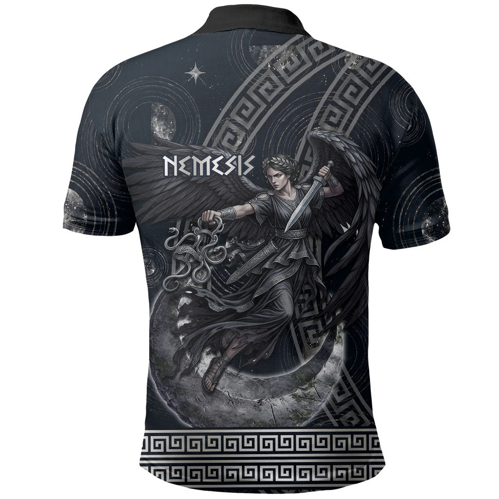 Nemesis Goddess Polo Shirt Winged Nemesis Crescent Moon Sword Greek Key