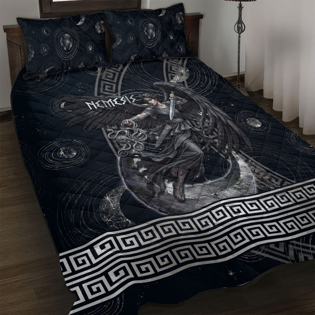 Nemesis Goddess Quilt Bed Set Winged Nemesis Crescent Moon Sword Greek Key