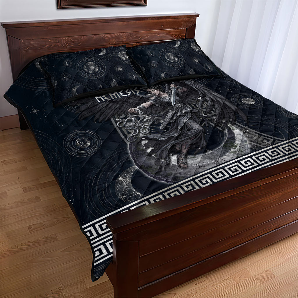 Nemesis Goddess Quilt Bed Set Winged Nemesis Crescent Moon Sword Greek Key