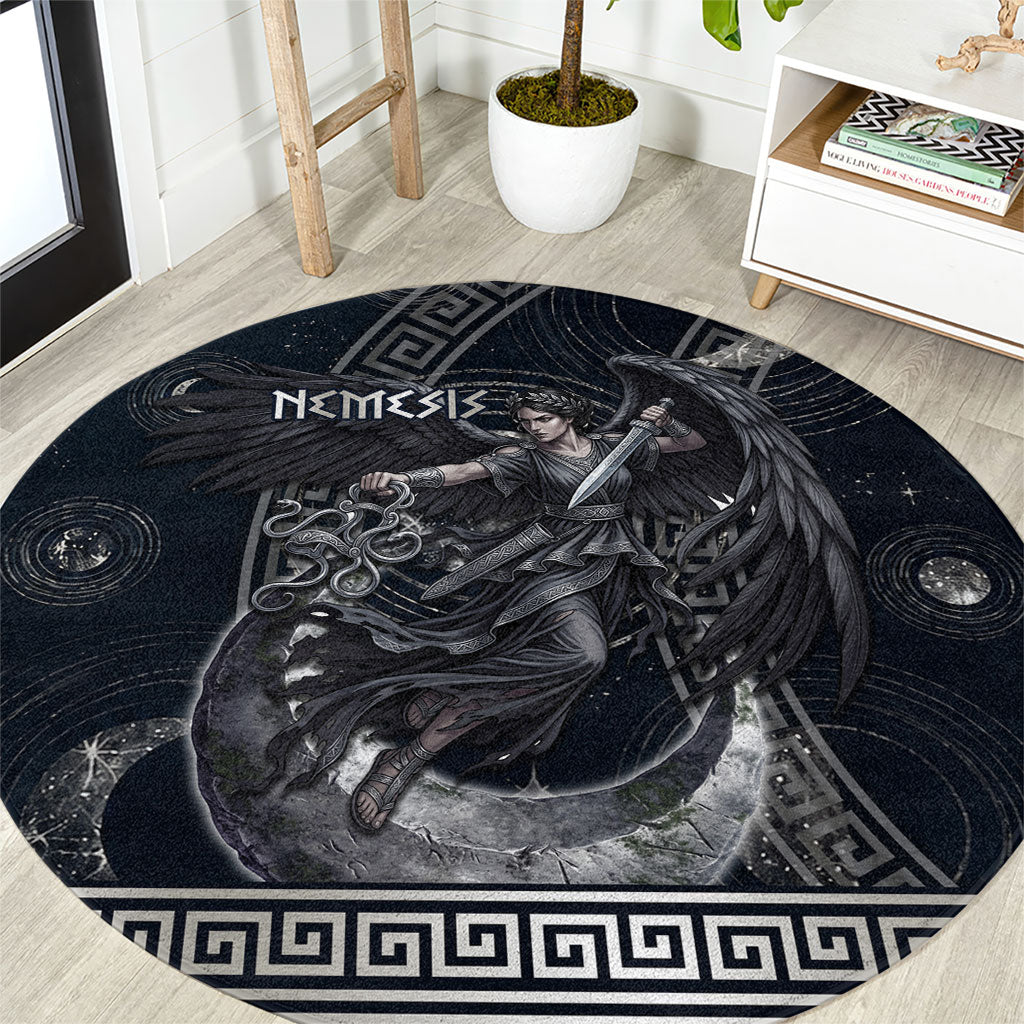 Nemesis Goddess Round Carpet Winged Nemesis Crescent Moon Sword Greek Key