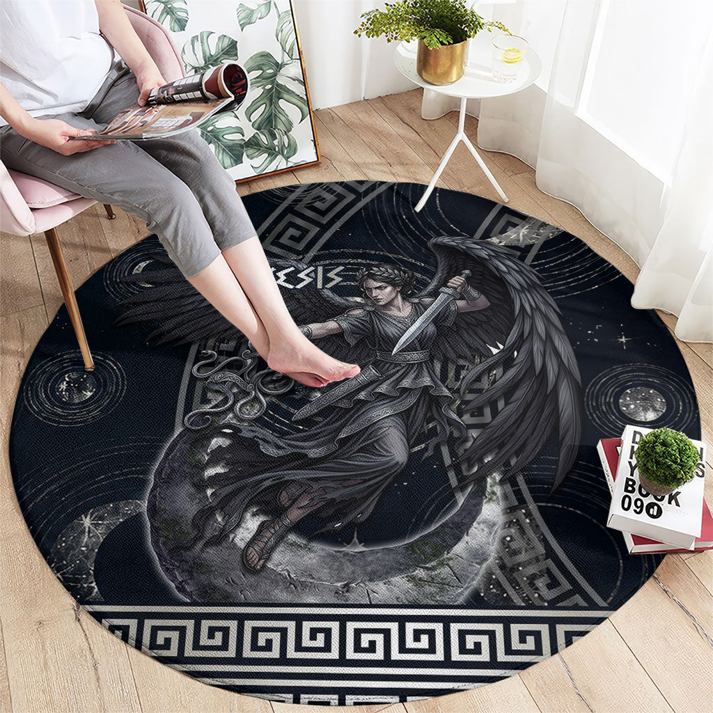 Nemesis Goddess Round Carpet Winged Nemesis Crescent Moon Sword Greek Key