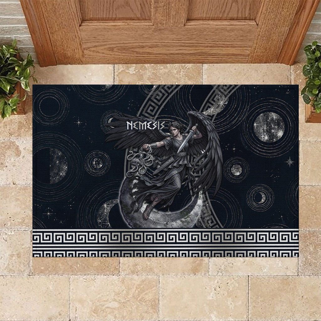 Nemesis Goddess Rubber Doormat Winged Nemesis Crescent Moon Sword Greek Key