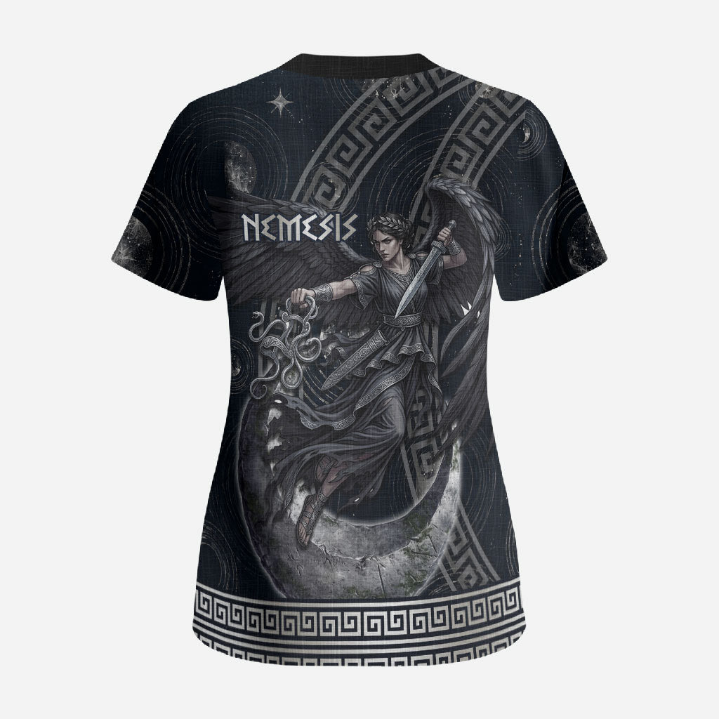 Nemesis Goddess Scrub Top Winged Nemesis Crescent Moon Sword Greek Key