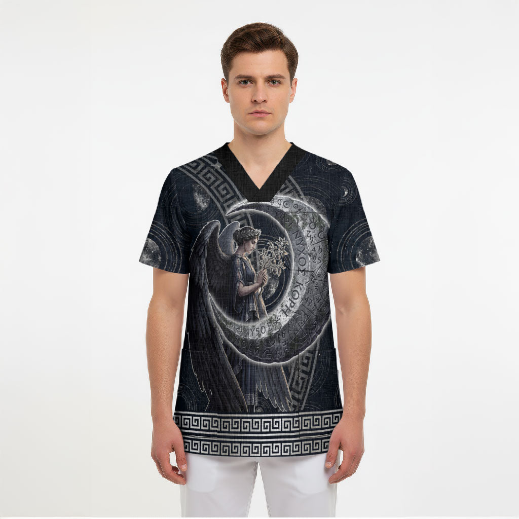 Nemesis Goddess Scrub Top Winged Nemesis Crescent Moon Sword Greek Key