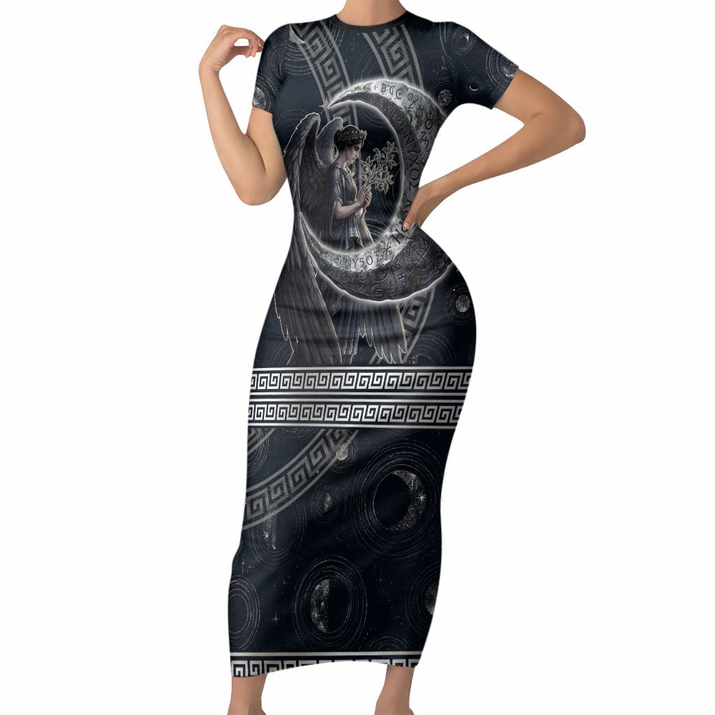 Nemesis Goddess Short Sleeve Bodycon Dress Winged Nemesis Crescent Moon Sword Greek Key