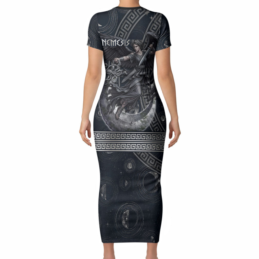 Nemesis Goddess Short Sleeve Bodycon Dress Winged Nemesis Crescent Moon Sword Greek Key