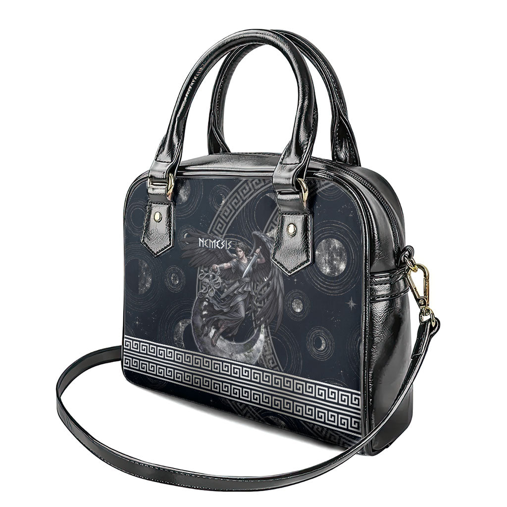 Nemesis Goddess Shoulder Handbag Winged Nemesis Crescent Moon Sword Greek Key