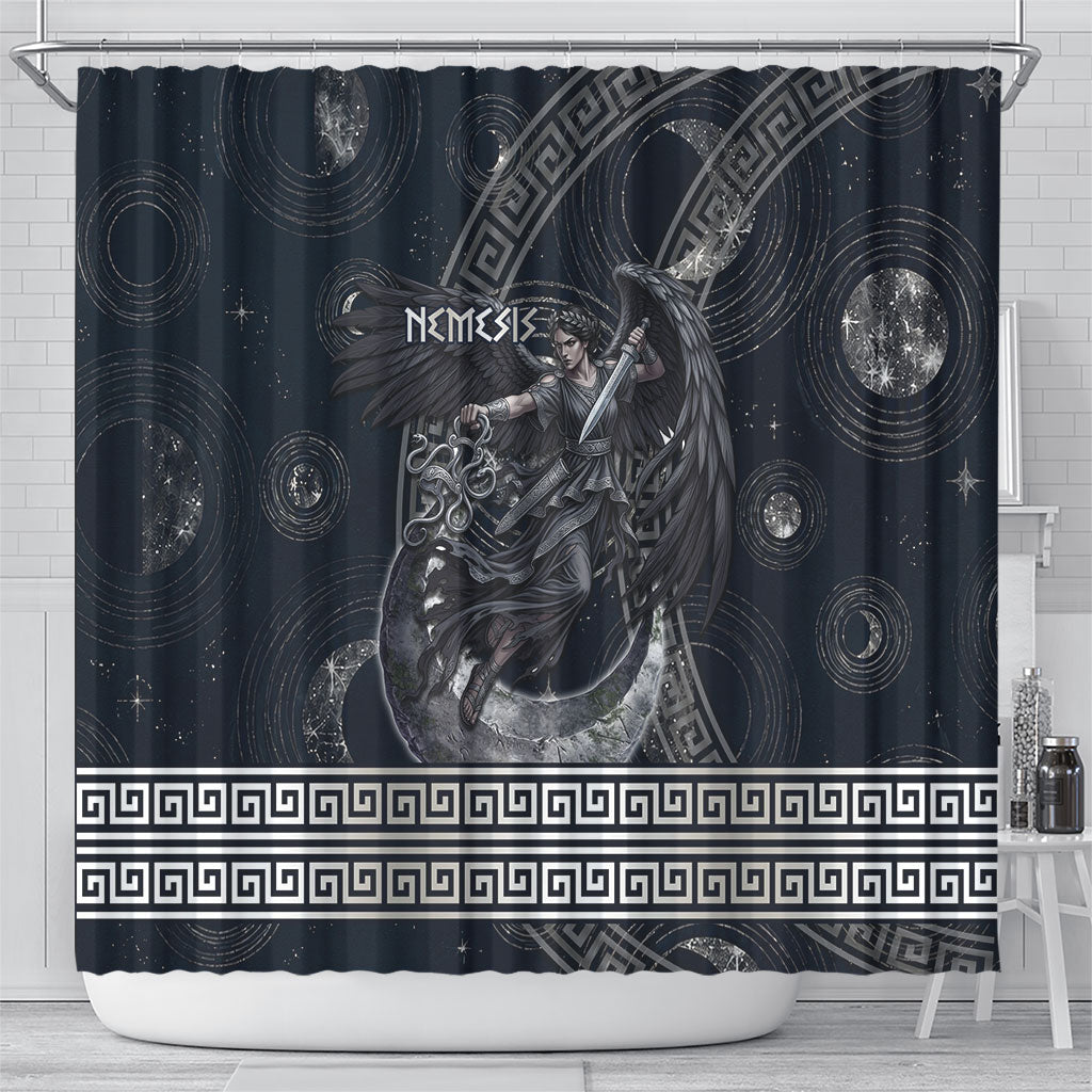 Nemesis Goddess Shower Curtain Winged Nemesis Crescent Moon Sword Greek Key
