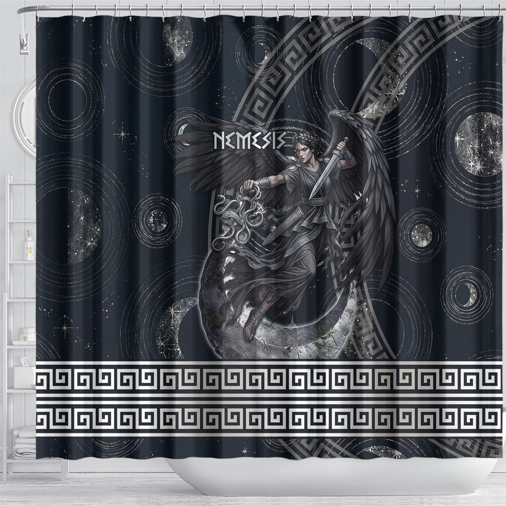 Nemesis Goddess Shower Curtain Winged Nemesis Crescent Moon Sword Greek Key