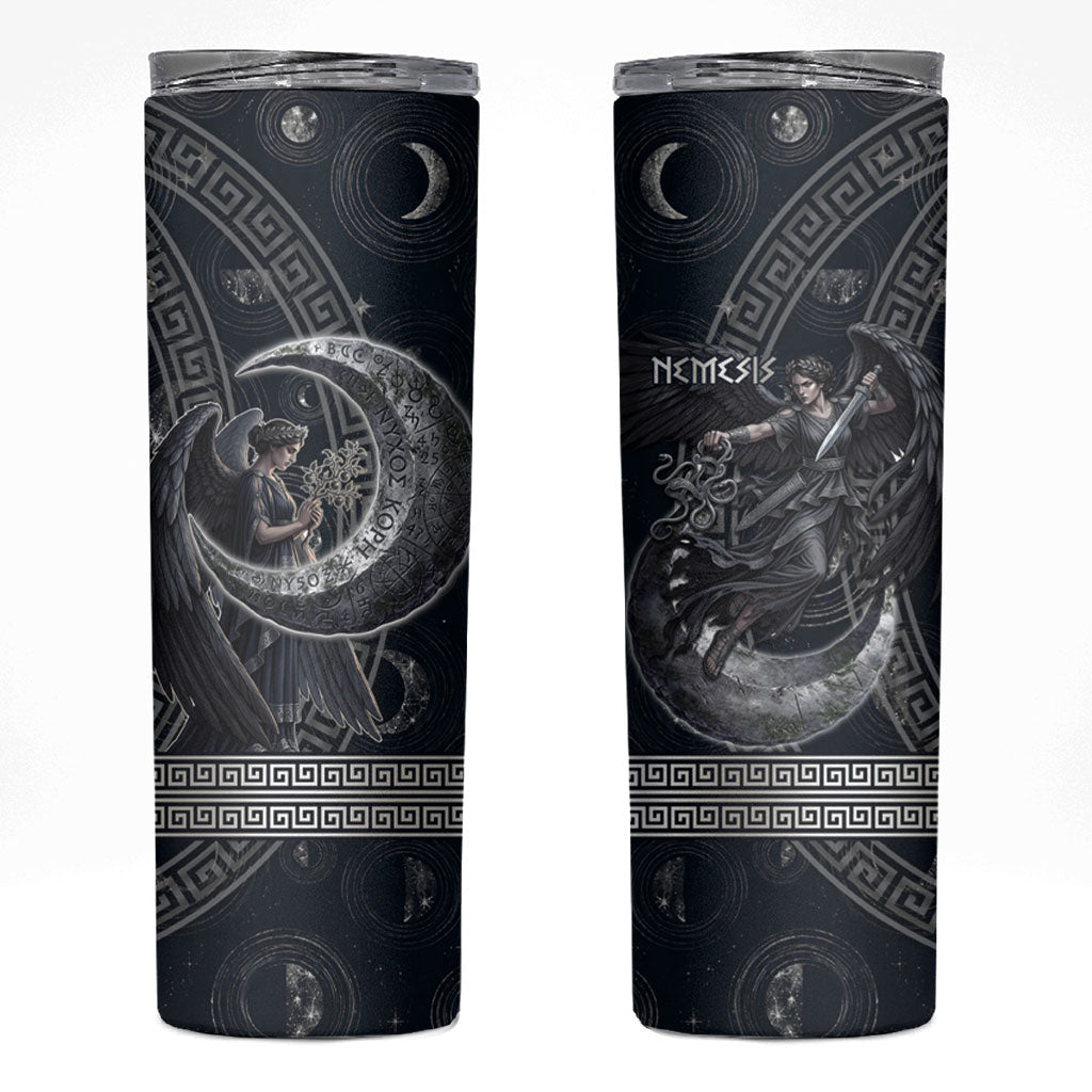 Nemesis Goddess Skinny Tumbler Winged Nemesis Crescent Moon Sword Greek Key