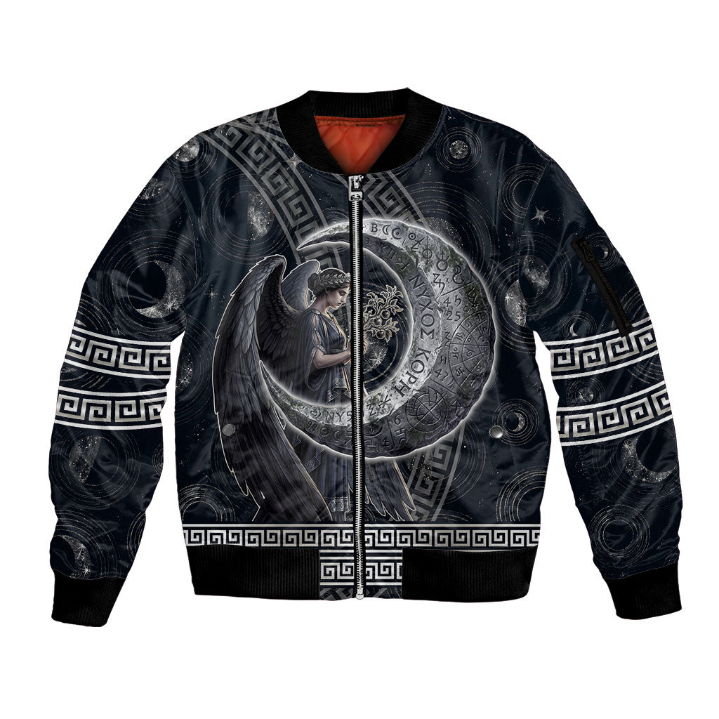 Nemesis Goddess Sleeve Zip Bomber Jacket Winged Nemesis Crescent Moon Sword Greek Key