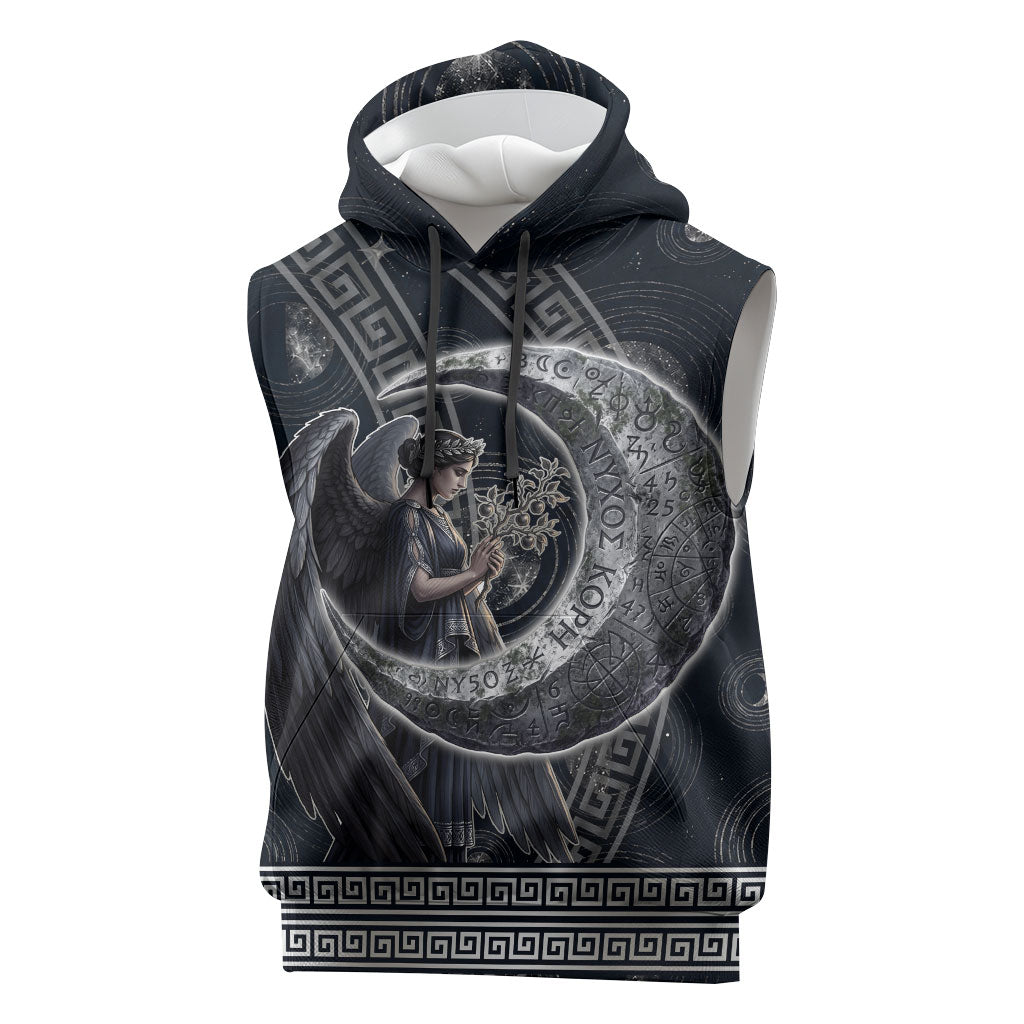 Nemesis Goddess Sleeveless Hoodie Winged Nemesis Crescent Moon Sword Greek Key
