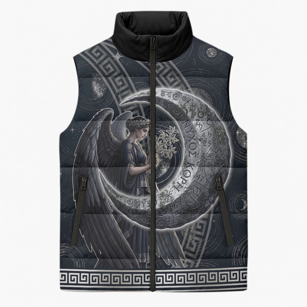 Nemesis Goddess Sleeveless Puffer Jacket Winged Nemesis Crescent Moon Sword Greek Key