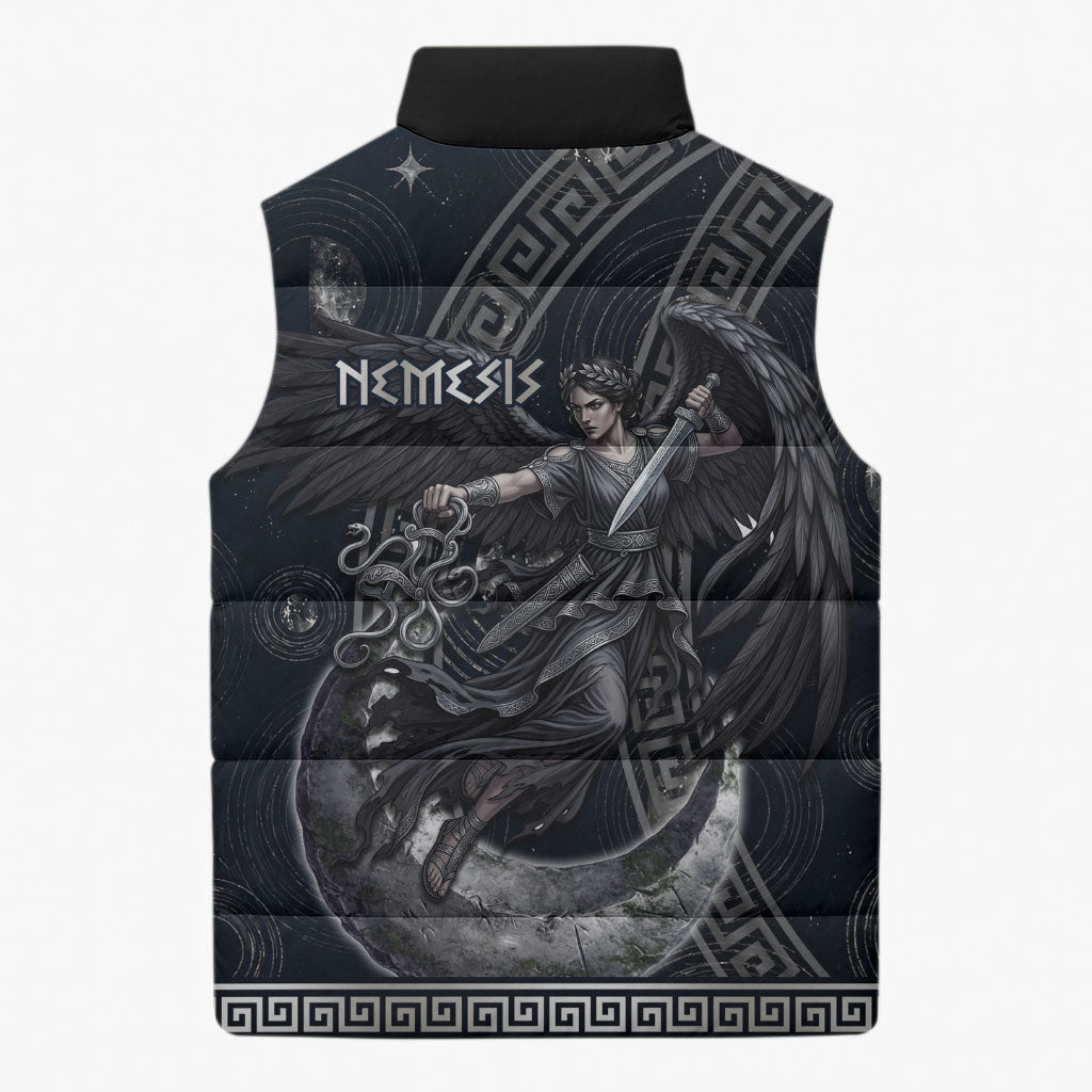 Nemesis Goddess Sleeveless Puffer Jacket Winged Nemesis Crescent Moon Sword Greek Key