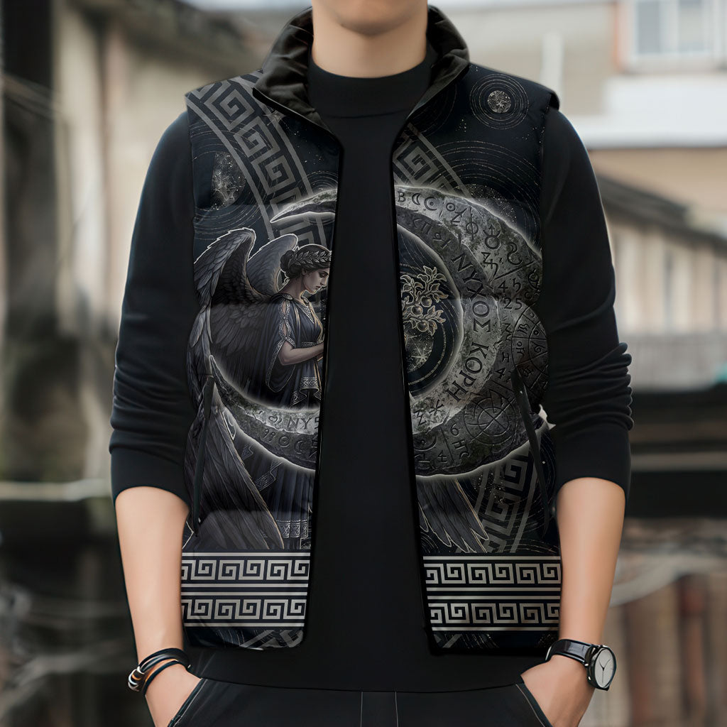 Nemesis Goddess Sleeveless Puffer Jacket Winged Nemesis Crescent Moon Sword Greek Key